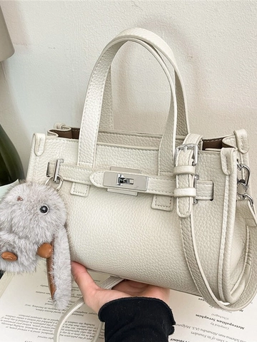 Vintage Lychee Muster PU Leder Kelly Handtasche Für Damen Retro Satchel Umhängetasche Mit Kaninchen Anhänger Anhänger