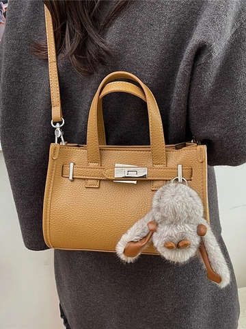 Vintage Lychee Muster PU Leder Kelly Handtasche Für Damen Retro Satchel Umhängetasche Mit Kaninchen Anhänger Anhänger