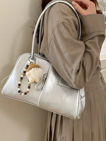 Women PU Leather Underarm Bag Minimalist Solid Color Shoulder Bag With Plush Pendant Stitching Design Retro Hobo Handbag