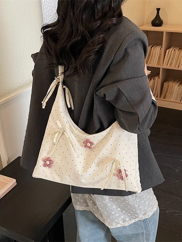 Fresh Floral Polka Dot Canvas Underarm Bag For Women Ruffle Strap Bow Decorative Tote Bag Sweet Artistic Shoulder Bag