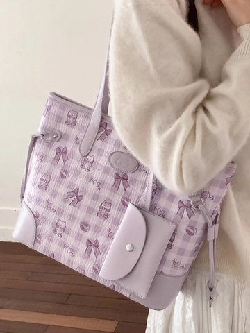 Grand Sac Cabas en PU pour Femme Avec Mini Sac Imprimé Dessin Animé Doux Sac à Épaule Plaid pour École Quotidien