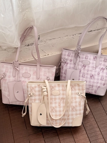 Grand Sac Cabas en PU pour Femme Avec Mini Sac Imprimé Dessin Animé Doux Sac à Épaule Plaid pour École Quotidien