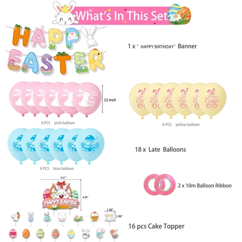 Set di Decorazioni per la Festa di Pasqua Striscione Colorato Palloncini in Lattice Stampati Topper per Torte Articoli per Feste