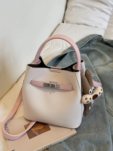 Damen Kontrastfarben Patchwork PU Leder Eimertasche Mode Steppnähte Handtasche Mit Kaninchenanhänger Umhängetasche