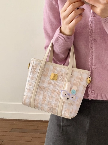 Women Sweet Kawaii PU Leather Bucket Bag Cute Cartoon Bear Print Checkered Handbag Crossbody Bag With Plush Rabbit Charm