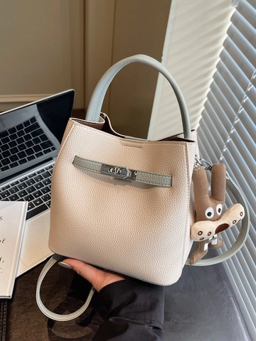 Damen Kontrastfarben Patchwork PU Leder Eimertasche Mode Steppnähte Handtasche Mit Kaninchenanhänger Umhängetasche