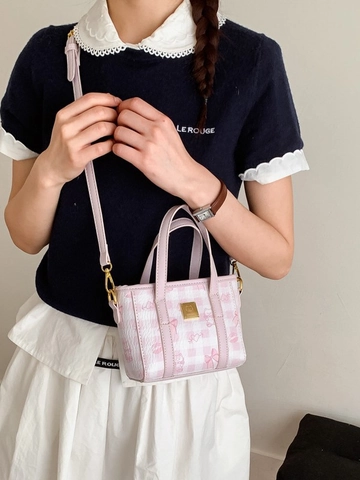 Women Sweet Kawaii PU Leather Bucket Bag Cute Cartoon Bear Print Checkered Handbag Crossbody Bag With Plush Rabbit Charm