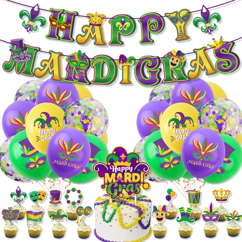 Mardi Gras Party Decorations Set Banner Latex Balloons Cake Toppers Purple Green Gold Festive Carnival Celebration Supplies
