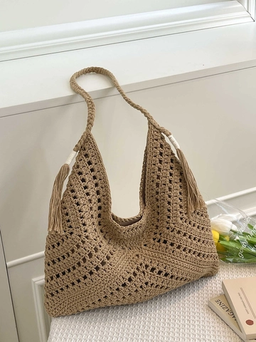 Vintage Stroh Gewebte Beuteltasche Für Damen Große Kapazität Hohl Geschnitten Strand Schultertasche Mit Quaste Böhmische Urlaub Tote