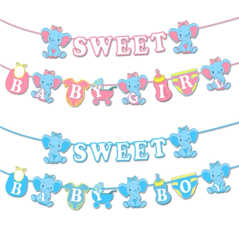 Striscione per Festa di Rivelazione del Genere con Elefante Sweet Baby Boy Girl Bandierine Decorazione Compleanno Rosa Blu