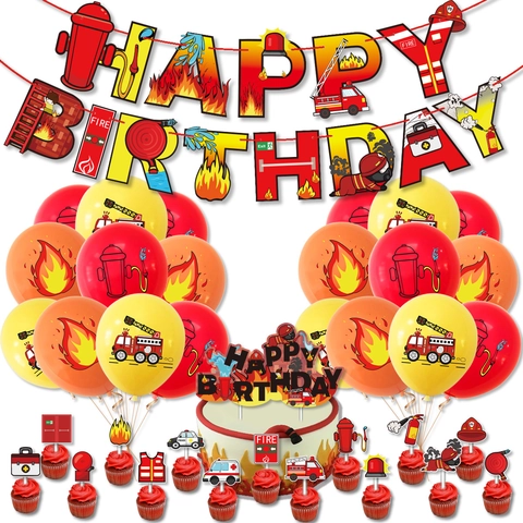 Decorazioni Festa Compleanno Camion dei Pompieri Banner Cake Topper Palloncini per Bambini Tema Pompiere Compleanno