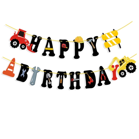 Banner Buon Compleanno a Tema Costruzione Escavatore Veicolo da Cantiere Ghirlanda di Carta Per Decorazioni Festa di Compleanno Bambini