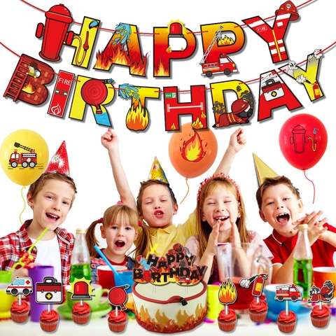 Decorazioni per Feste di Compleanno a Tema Vigili del Fuoco Banner per Autobotti e Cake Topper in Carta per Bambini