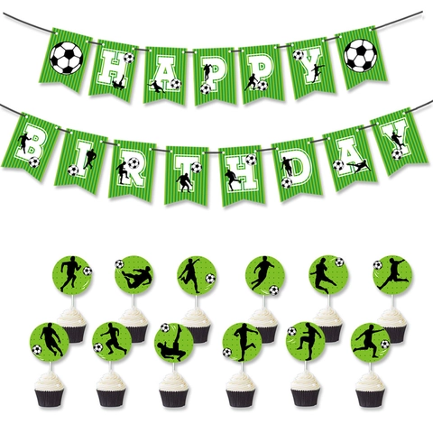 Voetbal Thema Verjaardagsfeestje Decoraties Happy Birthday Banner Atleet Silhouette Cake Toppers Voetbalfeest Benodigdheden