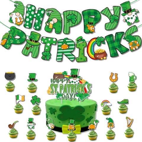 Decorazioni per Feste del Giorno di San Patrizio Happy St. Patrick's Day Banner Trifoglio Gnomo Cake Topper Articoli Festa