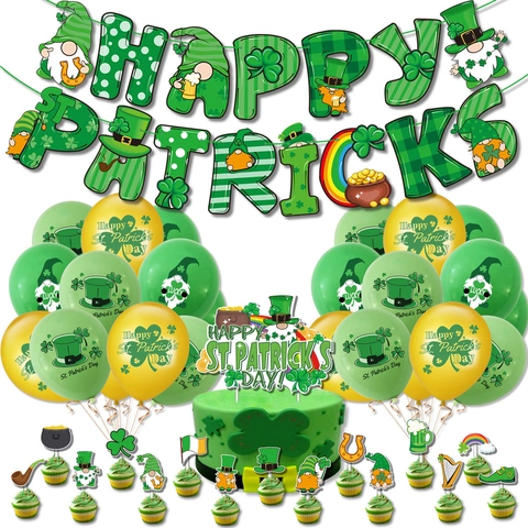 St. Patrick's Day Party Decoration Banner Balloons Cake Toppers Shamrock Gnome Irish Green Gold Party Supplies Decor