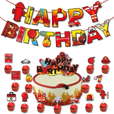 Decorazioni per Feste di Compleanno a Tema Vigili del Fuoco Banner per Autobotti e Cake Topper in Carta per Bambini