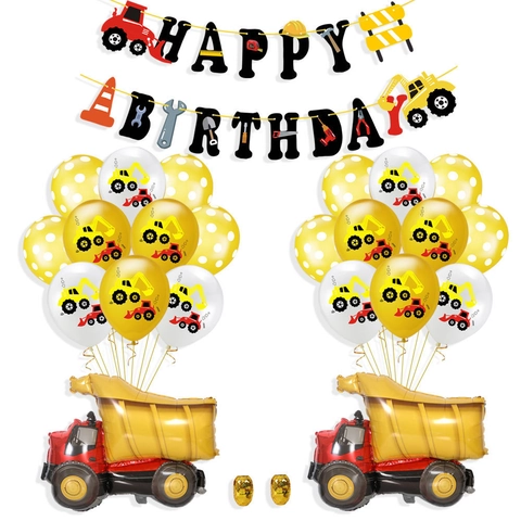 Set Decorazioni Festa Compleanno Veicolo Costruzione Tema Bagger Autocarro Banner Palloncini Lattice Alluminio Topper Torta