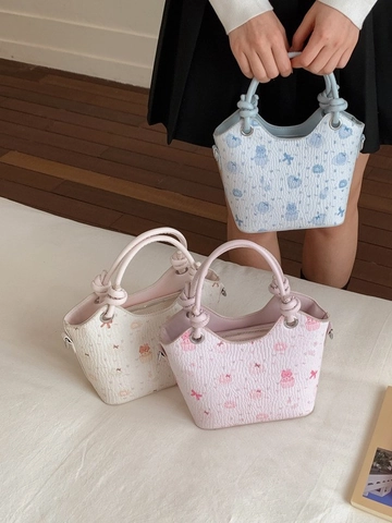 Cute Cartoon Printed PU Leather Bucket Bag For Women Sweet Knot Handle Handbag With Plush Bear Charm Crossbody Bag