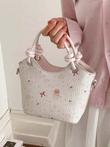 Cute Cartoon Printed PU Leather Bucket Bag For Women Sweet Knot Handle Handbag With Plush Bear Charm Crossbody Bag