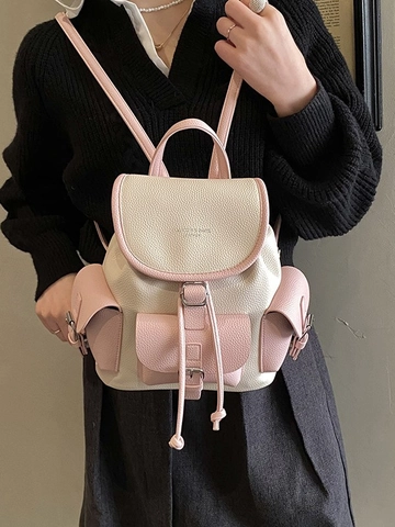 Koreanische Mode Damen Farbblock Rucksack Vintage Kunstleder Große Kapazität Reise Schultasche Kordelzug Daypack