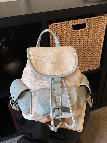 Koreanische Mode Damen Farbblock Rucksack Vintage Kunstleder Große Kapazität Reise Schultasche Kordelzug Daypack