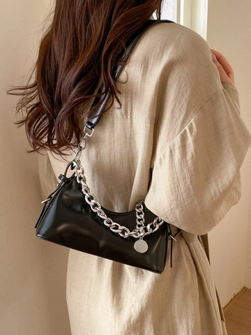 Bolso de Axila de Cuero PU Minimalista para Mujer Bolso de Hombro Retro de Color Sólido Con Decoración de Cadena de Metal Bolso Baguette de Moda para Desplazamientos Diarios