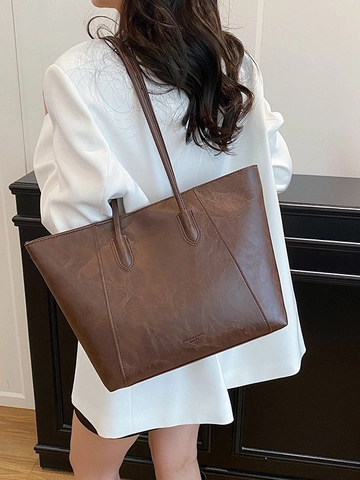 Borsa Tote in Pelle PU di Grande Capacità Vintage da Donna Cuciture Minimaliste Borsa a Spalla retrò per Pendolari Quotidiani