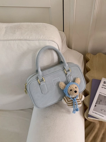 Sac à Épaule Boston en Cuir PU Rétro pour Femmes Sac à Main Couleur Unie Avec Pendentif Ours Sac Bandoulière Minimaliste