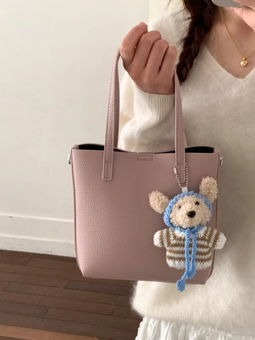 Koreanische Minimalistische PU Leder Litschimuster Tragetasche Für Damen Mit Plüschbär Anhänger Umhängetasche Für Den Täglichen Pendelverkehr