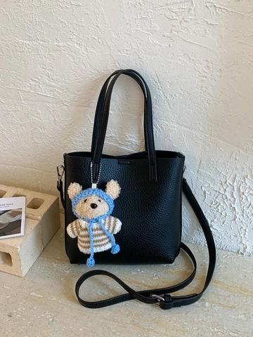 Koreanische Minimalistische PU Leder Litschimuster Tragetasche Für Damen Mit Plüschbär Anhänger Umhängetasche Für Den Täglichen Pendelverkehr