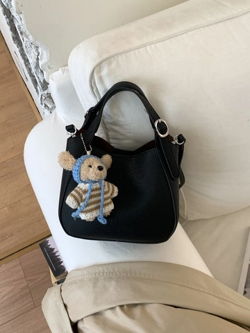 Damen Retro PU Leder Eimertasche Minimalistisch Lychee Muster Schulter Umhängetasche Mit Bären Anhänger Pendler Handtasche