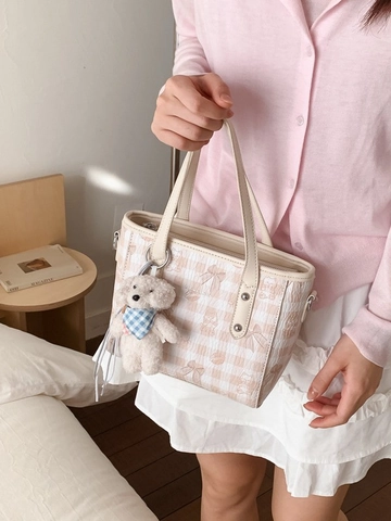 Sac Fourre-tout Imprimé Chat de Dessin Animé pour Femmes Sac Bandoulière à Carreaux en Simili Cuir Avec Charme en Peluche Sac à Main