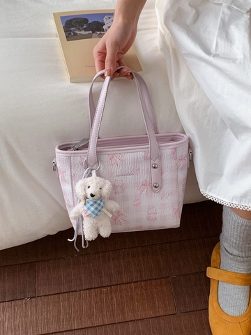 Sac Fourre-tout Imprimé Chat de Dessin Animé pour Femmes Sac Bandoulière à Carreaux en Simili Cuir Avec Charme en Peluche Sac à Main