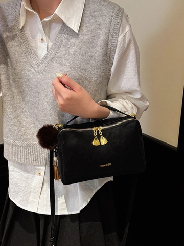 Retro PU Leather Handbag For Women Fashion Crossbody Shoulder Bag With Pom Pom Tassel Decor Solid Color Satchel Purse