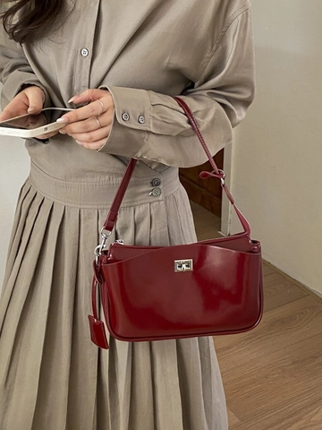 Damen Minimalistisch Retro PU Leder Achseltasche Schultertasche Mode Einfarbig Umhängetasche Mit Silbernem Metallschloss Detail