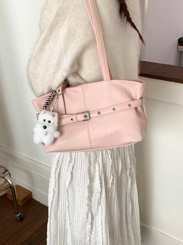 Sac Cabas Femme en Cuir PU Décontracté Grande Capacité Sac à Bandoulière Vintage Avec Oeillets Métalliques Sangle Décorative et Pendentif