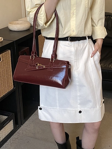 Bolso de Hombro Baguette de Cuero PU Brillante Vintage Francés para Mujer Hebilla de Bocado Dorada Bolso de Axila Retro