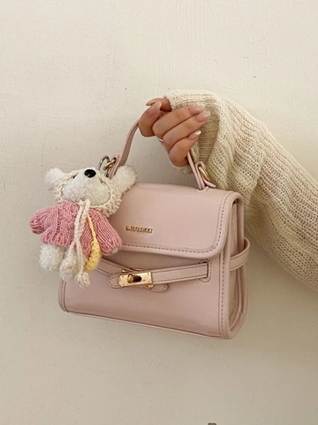 Mini Borsa a Spalla da Donna in Pelle PU Retrò Borsa a Tracolla da Pendolare Con Ciondolo a Orsetto Chiusura in Metallo