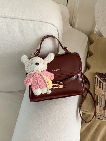 Mini Borsa a Spalla da Donna in Pelle PU Retrò Borsa a Tracolla da Pendolare Con Ciondolo a Orsetto Chiusura in Metallo