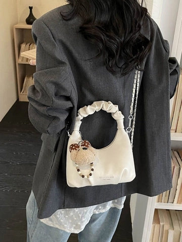 Sac Nuage Plissé Élégant pour Femmes Sac Bandoulière en Cuir PU Poignée Froncée Sac Demi-Lune Avec Chaîne et Pendentif Ours
