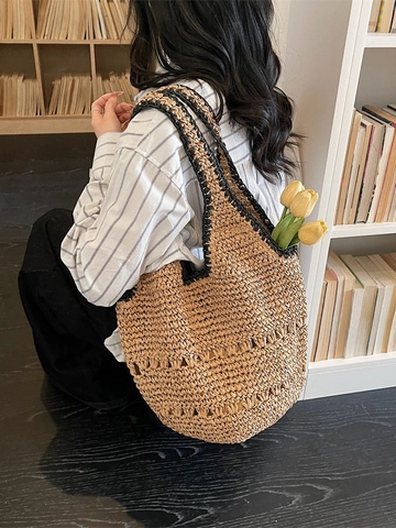 Bolso Tote de Paja Tejida para Mujer Playa Verano Gran Capacidad Bolso de Hombro Calado Informal Urbano Minimalista