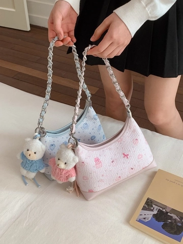 Petit Sac Sous l'Aisselle en Cuir PU Imprimé Ours Vintage pour Femmes Sac à Épaule Imprimé Cœur Cupcake avec Chaîne en Métal