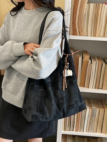 Damen Große Kapazität Segeltuch Einkaufstasche Kontrastfarbe Patchwork Pendler Schultertasche Mit Kaffeetasse Anhänger Hobo Tasche
