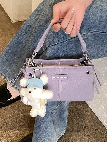 Borsa a Spalla Sottobraccio in Pelle PU Vintage da Donna Con Ciondolo Orsetto Cuciture alla Moda Pendolare