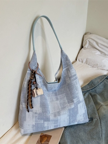Damen Große Kapazität Segeltuch Einkaufstasche Kontrastfarbe Patchwork Pendler Schultertasche Mit Kaffeetasse Anhänger Hobo Tasche