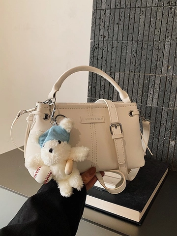 Borsa a Spalla Sottobraccio in Pelle PU Vintage da Donna Con Ciondolo Orsetto Cuciture alla Moda Pendolare