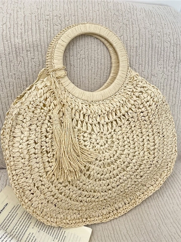 Woven Straw Crossbody Bag For Women Large Capacity Beach Shoulder Bag Handcrafted Summer Vacation Handbag With Tassel Decor