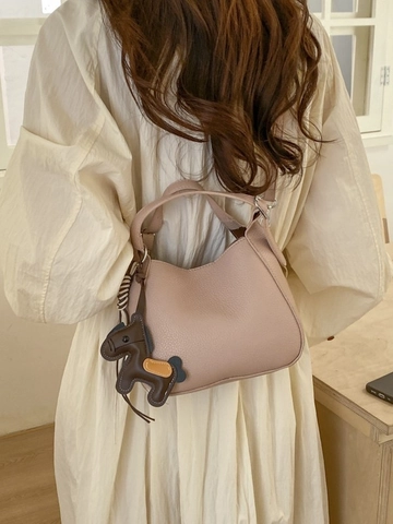 Koreanischer Stil Retro Litschimuster PU Leder Eimertasche Mit Pferdeanhänger Minimalistische Tägliche Pendeltasche Crossbody Für Damen