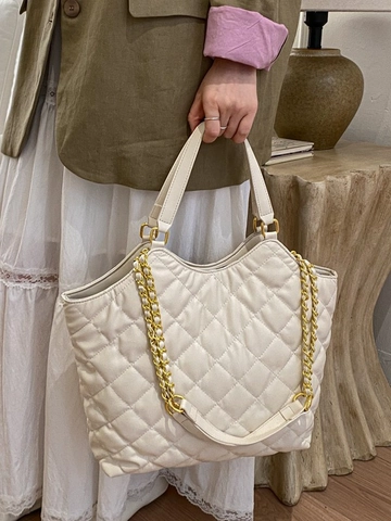 Women Quilted Rhombus Tote Bag Large Capacity PU Leather Handbag With Gold Chain Strap Minimalist Elegant Shoulder Bag